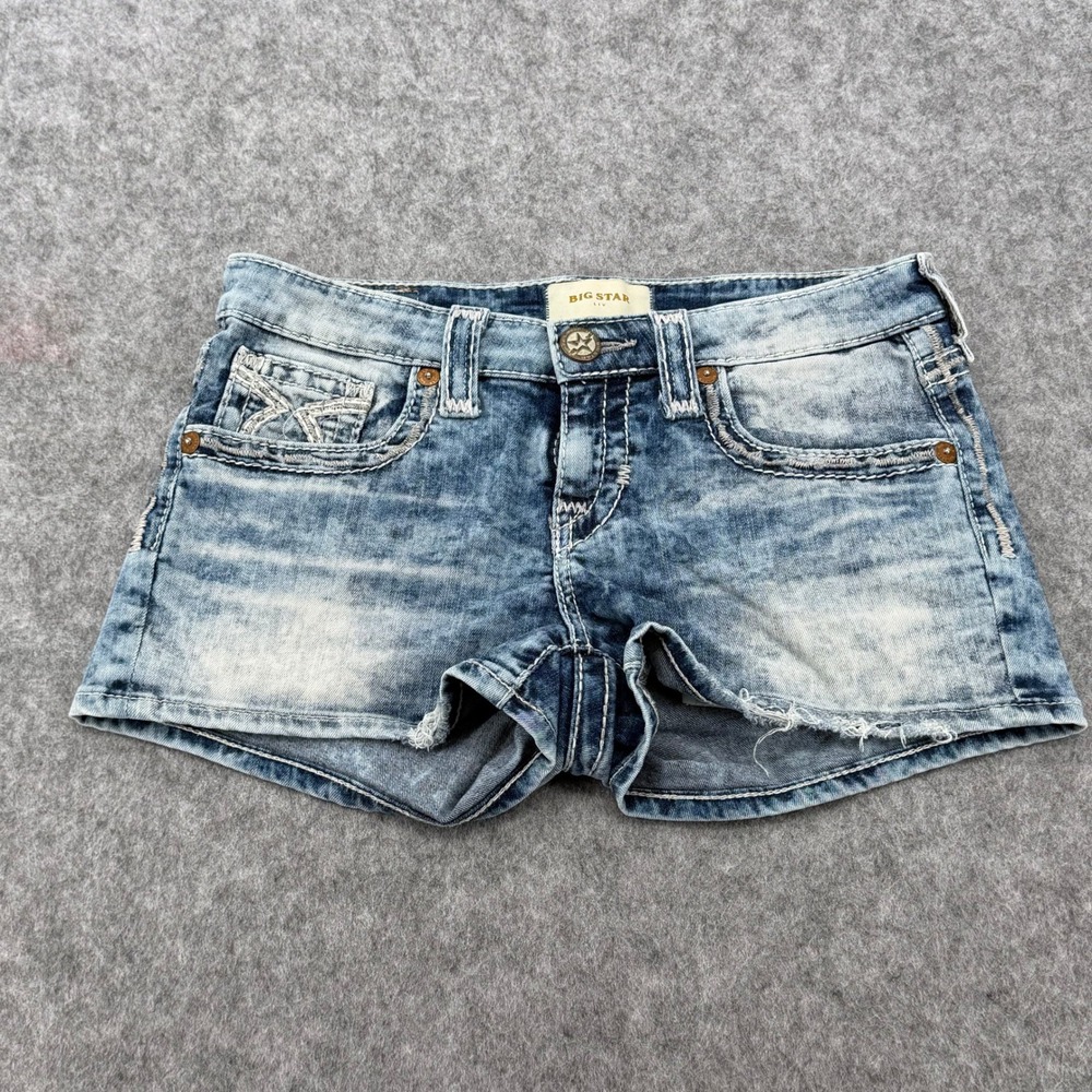 Big Star Liv Acid Wash Denim Shorts Light Blue Distressed Low Rise Womens 29